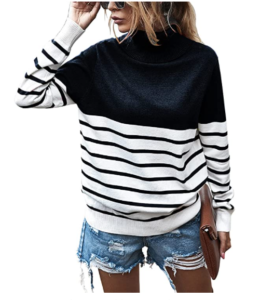KIRUNDO Women’s Turtleneck Knitted Sweater Long Sleeves Stripe Color Block Patchwork Loose Ribbed Pullover Jumper Tops