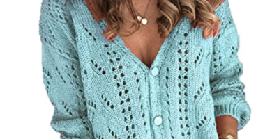 Suéter de punto de manga larga con cuello en V profundo para mujer, con botones frontales abiertos, cárdigan suelto de color sólido